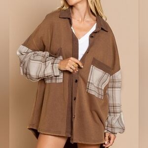 POL Too Cool Plaid Contrast French Terry Cloth Shacket Oversize S New NWT